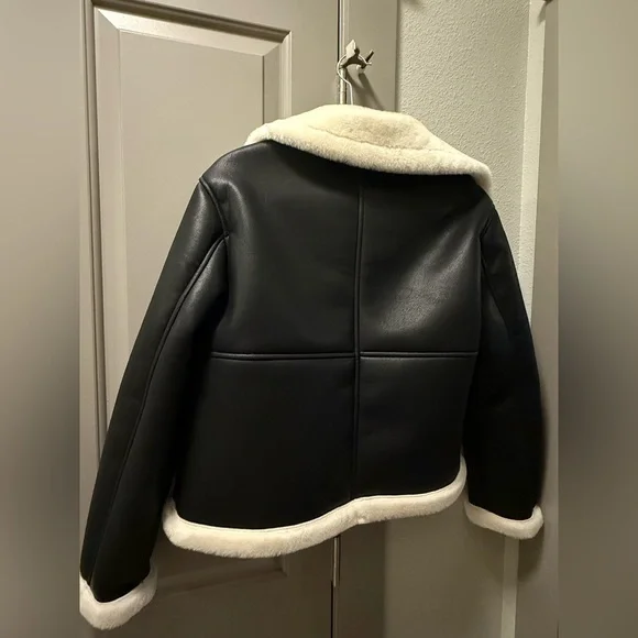 Urban Revivo Black and Cream Faux Fur Leather Shearling Jacket - Picture 4 of 5